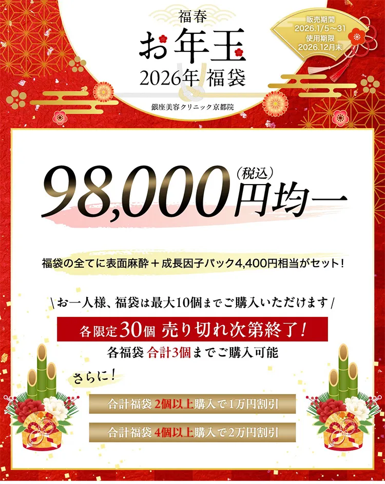 銀座美容クリニック京都院 2026年お年玉福袋。全て98,000円均一で、表面麻酔と成長因子パック付き。各福袋30個限定、まとめ買い割引あり。