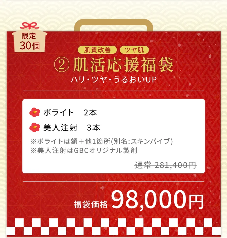 肌活応援福袋の内容紹介。ボライト2本と美人注射3本がセットで、肌質改善やツヤ肌、ハリとうるおいアップを目的とした福袋。通常価格281,400円相当が98,000円で提供。