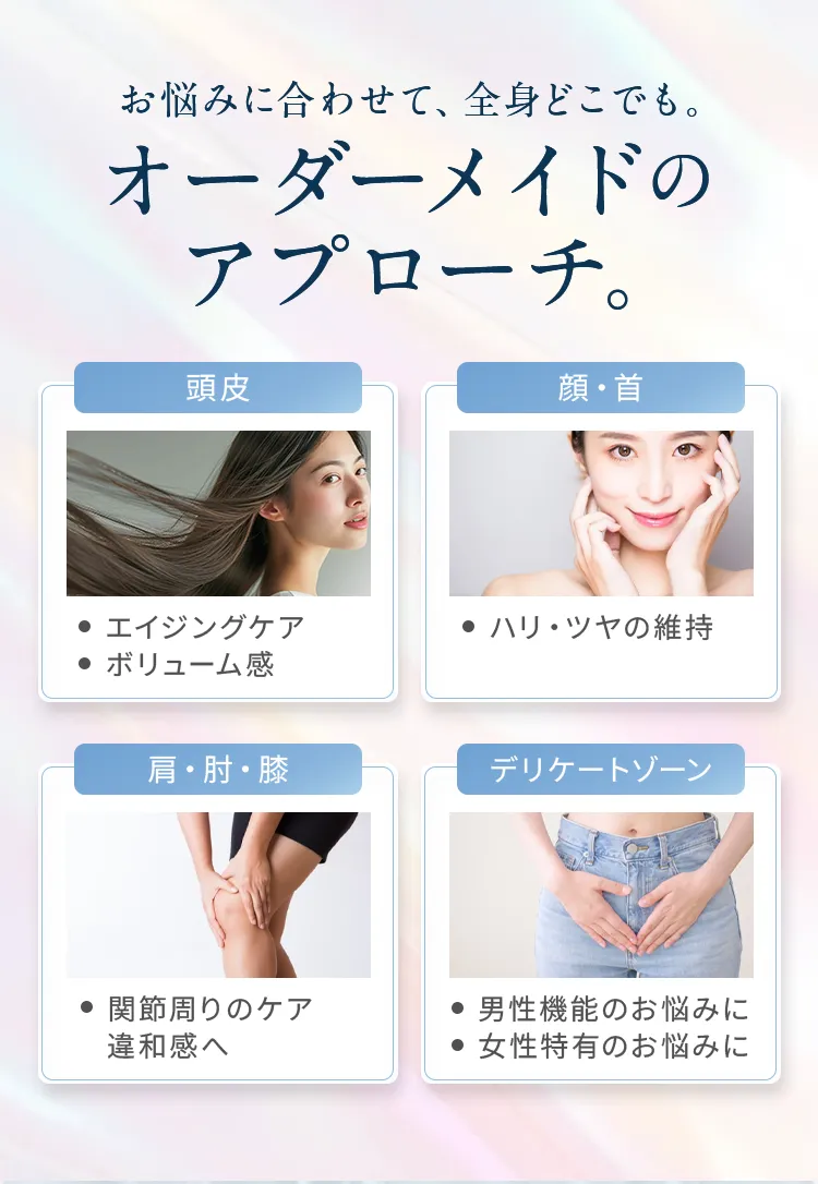 お悩みに合わせたオーダーメイドのアプローチ。頭皮、顔・首、肩・肘・膝、デリケートゾーンなど全身のエイジングケアに対応