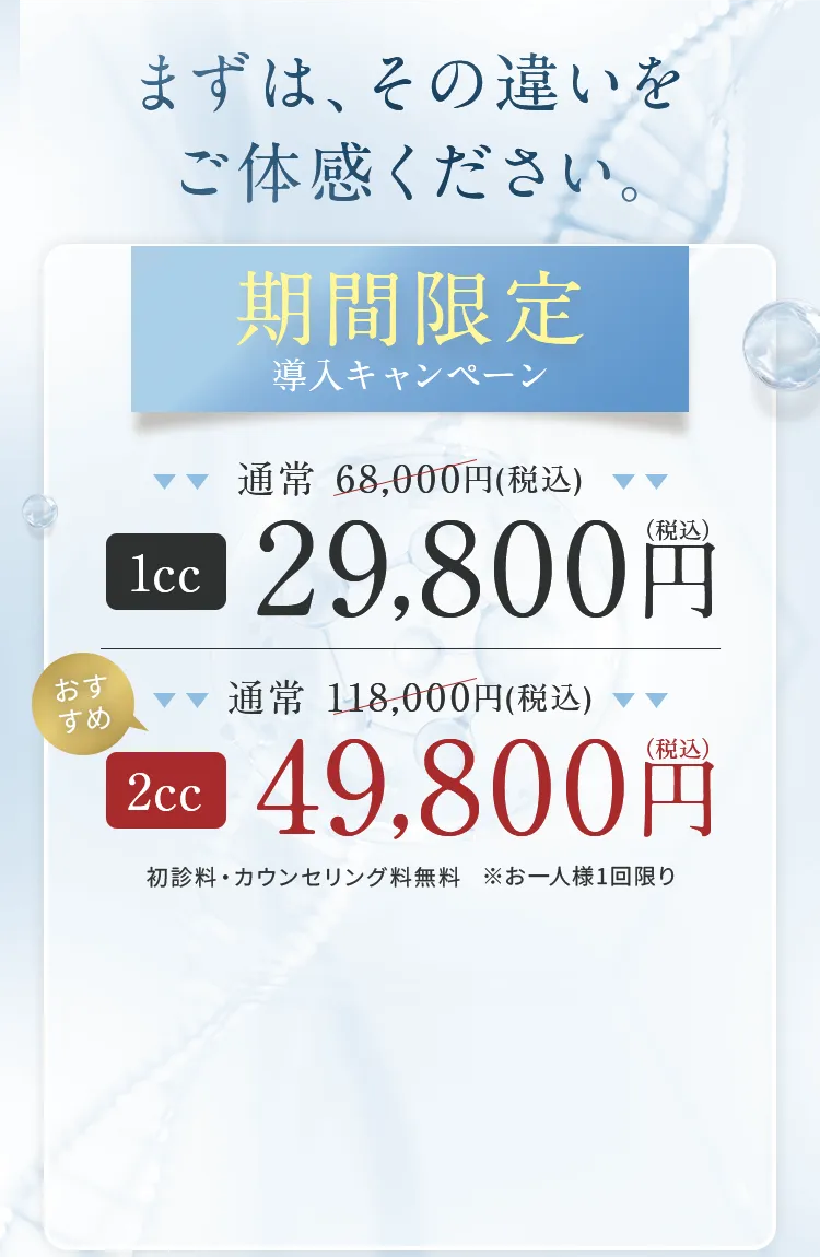 期間限定キャンペーン：1cc 29,800円、2cc 49,800円