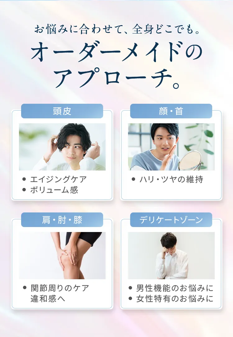 お悩みに合わせたオーダーメイドのアプローチ。頭皮、顔・首、肩・肘・膝、デリケートゾーンなど全身のエイジングケアに対応