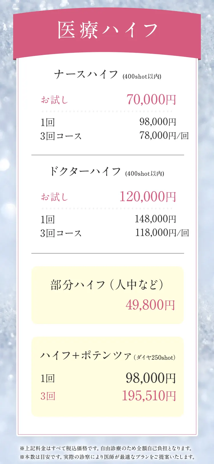 医療ハイフ 料金表（ナースハイフ、ドクターハイフ、部分ハイフ、ハイフ＋ポテンツァ）