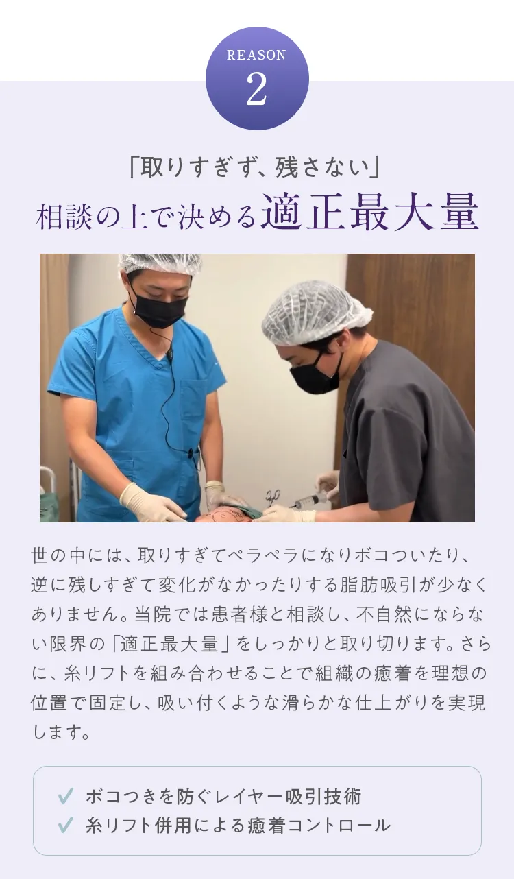 REASON 2：取りすぎず、残さない適正最大量。ボコつきを防ぐレイヤー吸引技術と糸リフト併用による癒着コントロール。