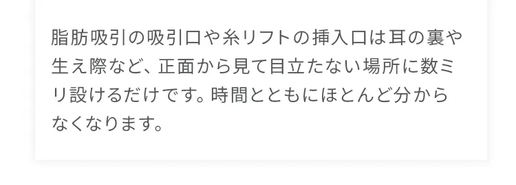 脂肪吸引の吸引口や糸リフトの挿入口は耳の裏や生え際など、目立たない場所に数ミリ設けるだけです。