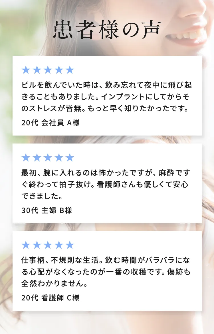 患者様の声

20代 会社員 A様
ピルを飲んでいた時は、飲み忘れて夜中に飛び起きることもありました。インプラントにしてからそのストレスが皆無。もっと早く知りたかったです。

30代 主婦 B様
最初、腕に入れるのは怖かったですが、麻酔ですぐ終わって拍子抜け。看護師さんも優しくて安心できました。

20代 看護師 C様
仕事柄、不規則な生活。飲む時間がバラバラになる心配がなくなったのが一番の収穫です。傷跡も全然わかりません。